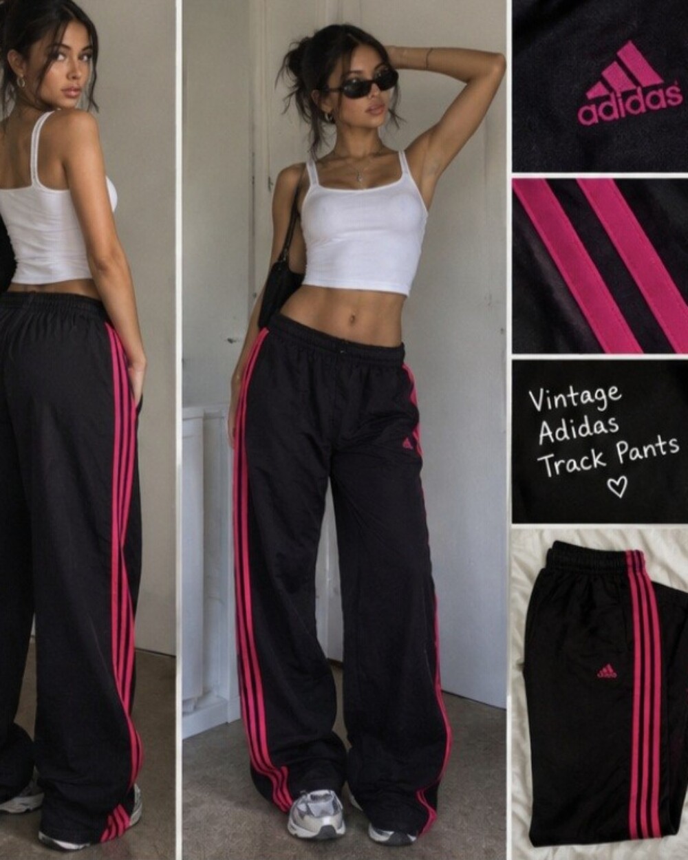 Vintage Y2k Oversized "Adidas"🎀 Black Track Pants with Pink Triple Stripes |||